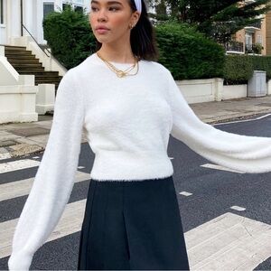 Aritzia White Fuzzy Crewneck Sweater